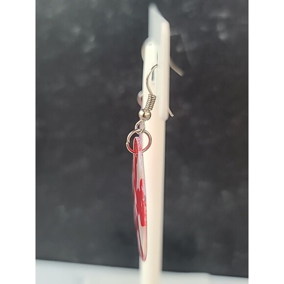 Red And White Circular Shell Dangling Pierced Earrings Vintage - Picture 6 of 10